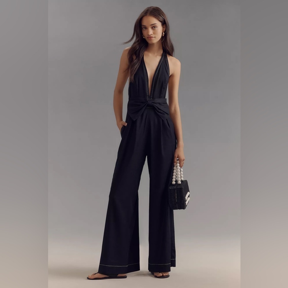 NWT! Anthropologie Maeve Linen Halter Bow Jumpsuit - 14 TALL 🏠